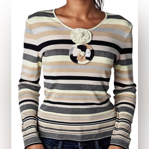 CHANEL Sweaters - Vintage CHANEL 2001 Striped Knit Camellia Sweater